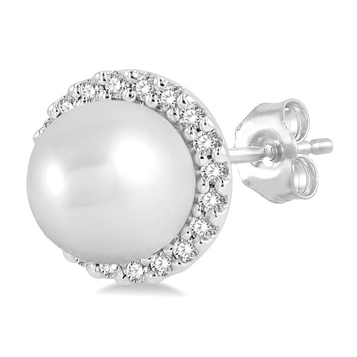 5.5 MM Round Shape Cultured Pearls and 1/8 Ctw Petite Round Cut Diamond Halo Fashion Stud Earrings in 10K White Gold