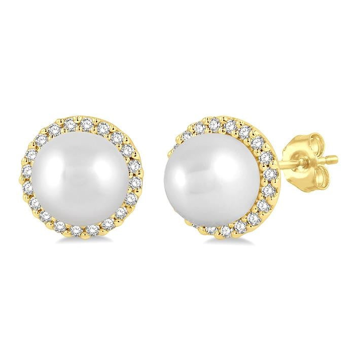 5.5 MM Round Shape Cultured Pearls and 1/8 Ctw Petite Round Cut Diamond Halo Fashion Stud Earrings in 10K Yellow Gold