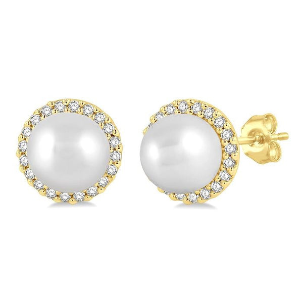 5.5 MM Round Shape Cultured Pearls and 1/8 Ctw Petite Round Cut Diamond Halo Fashion Stud Earrings in 10K Yellow Gold