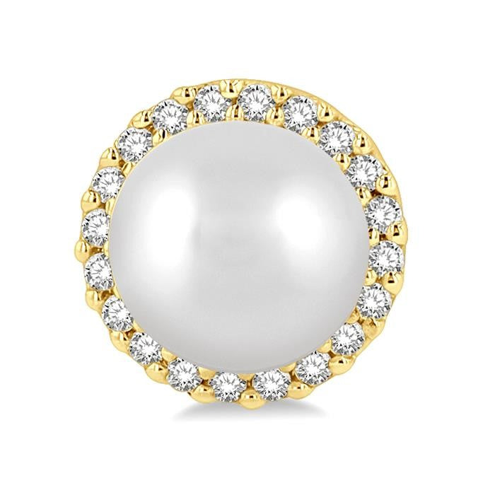 5.5 MM Round Shape Cultured Pearls and 1/8 Ctw Petite Round Cut Diamond Halo Fashion Stud Earrings in 10K Yellow Gold