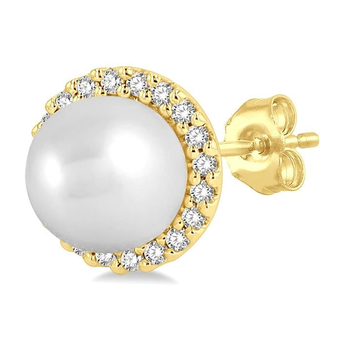 5.5 MM Round Shape Cultured Pearls and 1/8 Ctw Petite Round Cut Diamond Halo Fashion Stud Earrings in 10K Yellow Gold
