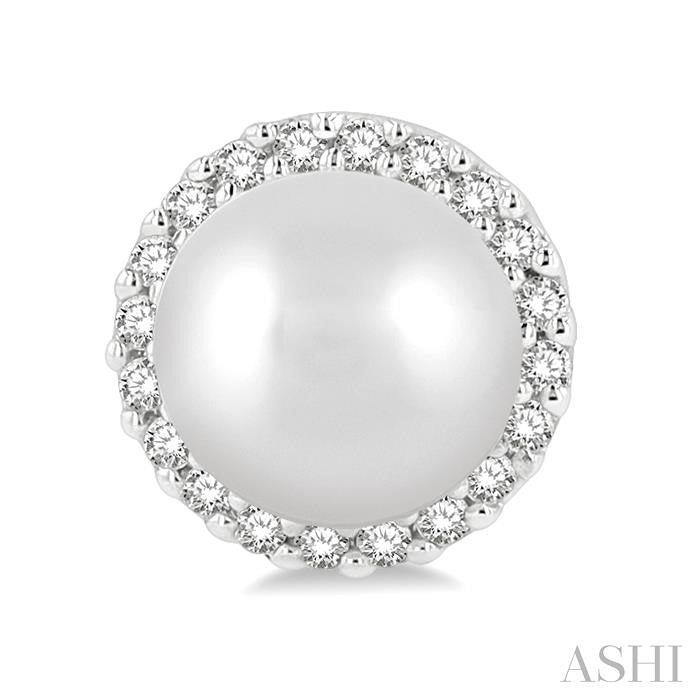 5.5 MM Round Shape Cultured Pearls and 1/8 Ctw Petite Round Cut Diamond Halo Fashion Stud Earrings in 10K White Gold