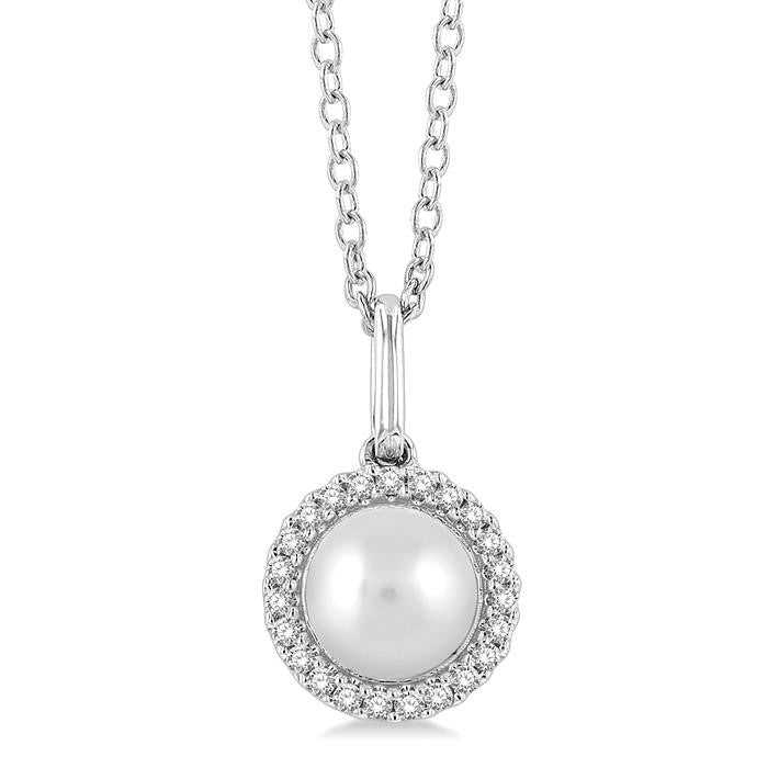 6 MM Round Shape Cultured Pearl and 1/20 Ctw Petite Round Cut Diamond Halo Fashion Pendant With Chain in 10K White Gold