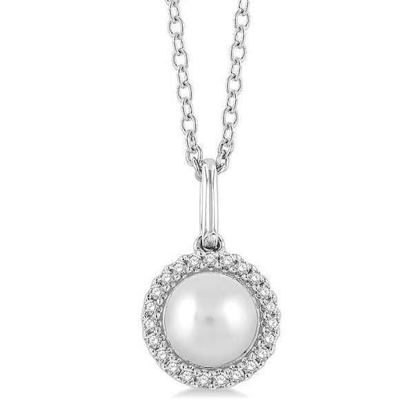 6 MM Round Shape Cultured Pearl and 1/20 Ctw Petite Round Cut Diamond Halo Fashion Pendant With Chain in 10K White Gold