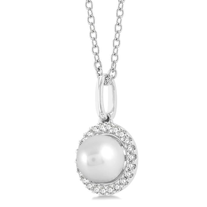 6 MM Round Shape Cultured Pearl and 1/20 Ctw Petite Round Cut Diamond Halo Fashion Pendant With Chain in 10K White Gold