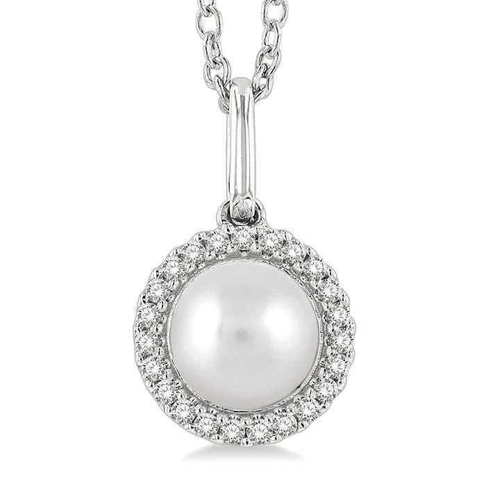 6 MM Round Shape Cultured Pearl and 1/20 Ctw Petite Round Cut Diamond Halo Fashion Pendant With Chain in 10K White Gold
