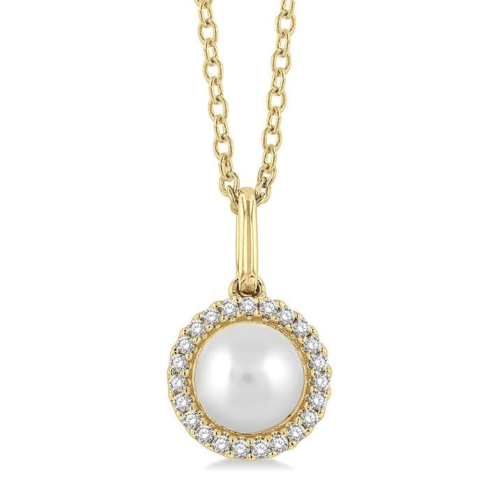 6 MM Round Shape Cultured Pearl and 1/20 Ctw Petite Round Cut Diamond Halo Fashion Pendant With Chain in 10K Yellow Gold