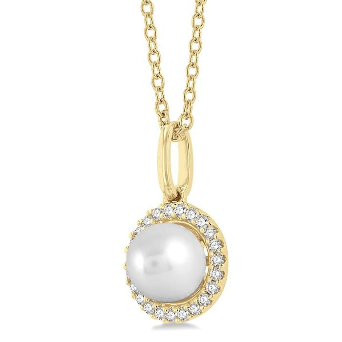 6 MM Round Shape Cultured Pearl and 1/20 Ctw Petite Round Cut Diamond Halo Fashion Pendant With Chain in 10K Yellow Gold