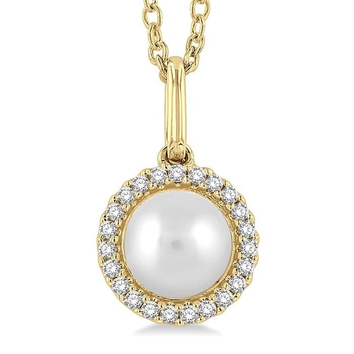 6 MM Round Shape Cultured Pearl and 1/20 Ctw Petite Round Cut Diamond Halo Fashion Pendant With Chain in 10K Yellow Gold
