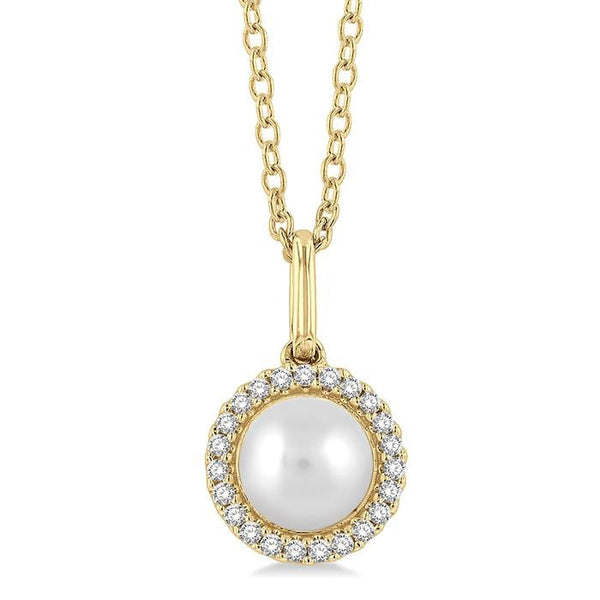 6 MM Round Shape Cultured Pearl and 1/20 Ctw Petite Round Cut Diamond Halo Fashion Pendant With Chain in 10K Yellow Gold