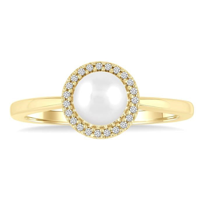 6 MM Round Shape Cultured Pearl and 1/20 Ctw Petite Round Cut Diamond Halo Fashion Ring in 10K Yellow Gold