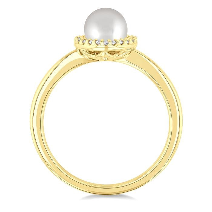 6 MM Round Shape Cultured Pearl and 1/20 Ctw Petite Round Cut Diamond Halo Fashion Ring in 10K Yellow Gold