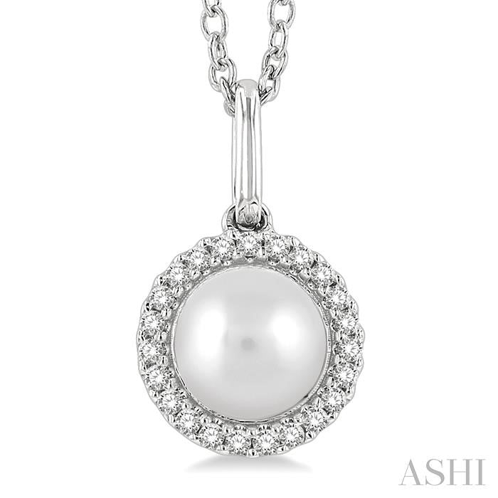 6 MM Round Shape Cultured Pearl and 1/20 Ctw Petite Round Cut Diamond Halo Fashion Pendant With Chain in 10K White Gold