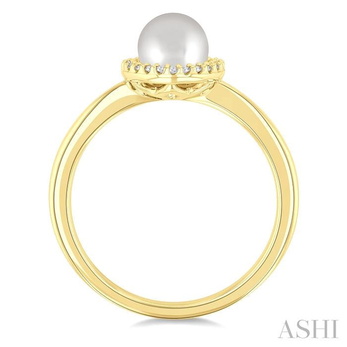 6 MM Round Shape Cultured Pearl and 1/20 Ctw Petite Round Cut Diamond Halo Fashion Ring in 10K Yellow Gold