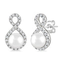 5 MM Cultured Pearls and 1/5 Ctw Round Cut Diamond Petite Earrings 10K White Gold