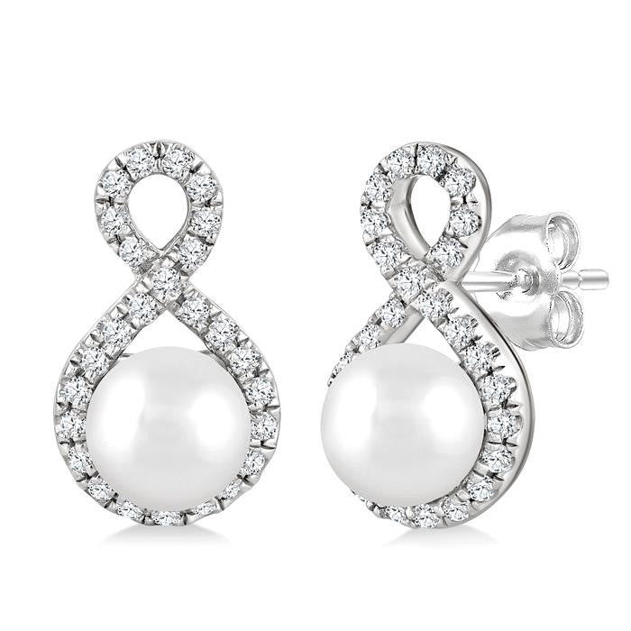 5 MM Cultured Pearls and 1/5 Ctw Round Cut Diamond Petite Earrings 10K White Gold