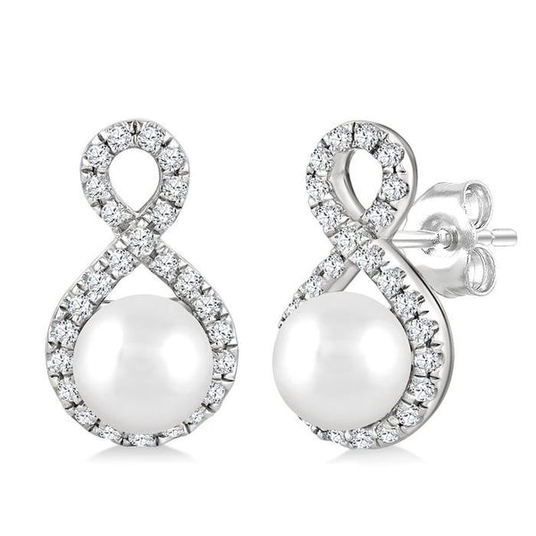 5 MM Cultured Pearls and 1/5 Ctw Round Cut Diamond Petite Earrings 10K White Gold