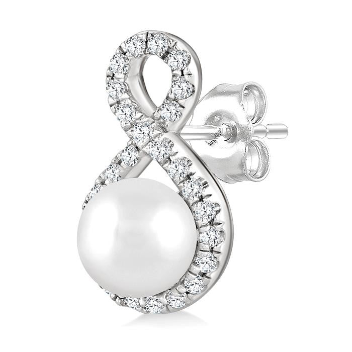 5 MM Cultured Pearls and 1/5 Ctw Round Cut Diamond Petite Earrings 10K White Gold