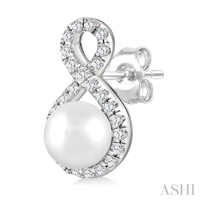5 MM Cultured Pearls and 1/5 Ctw Round Cut Diamond Petite Earrings 10K White Gold