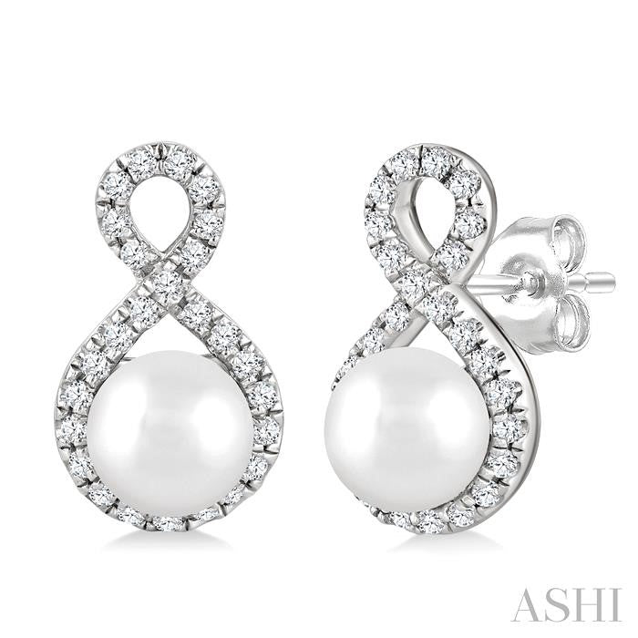 5 MM Cultured Pearls and 1/5 Ctw Round Cut Diamond Petite Earrings 10K White Gold
