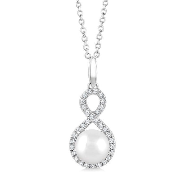 6 MM Cultured Pearl and 1/8 Ctw Round Cut Diamond Petite Fashion Pendant With Chain in 10K White Gold