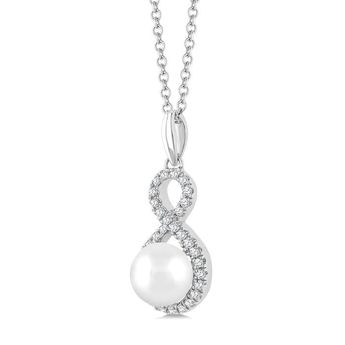 6 MM Cultured Pearl and 1/8 Ctw Round Cut Diamond Petite Fashion Pendant With Chain in 10K White Gold