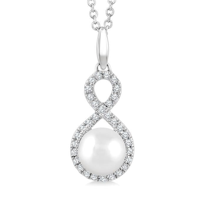 6 MM Cultured Pearl and 1/8 Ctw Round Cut Diamond Petite Fashion Pendant With Chain in 10K White Gold