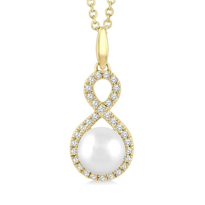 6 MM Cultured Pearl and 1/8 Ctw Round Cut Diamond Petite Fashion Pendant With Chain in 10K Yellow Gold
