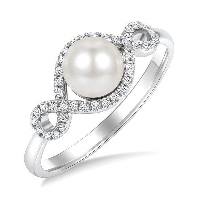 6 MM Cultured Pearl and 1/6 Ctw Round Cut Diamond  Petite Halo Ring in 10K White Gold