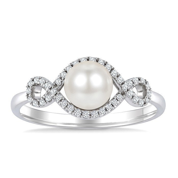 6 MM Cultured Pearl and 1/6 Ctw Round Cut Diamond  Petite Halo Ring in 10K White Gold
