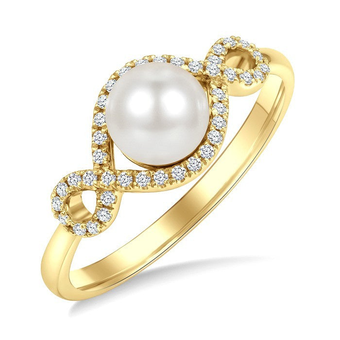 6 MM Cultured Pearl and 1/6 Ctw Round Cut Diamond  Petite Halo Ring in 10K Yellow Gold