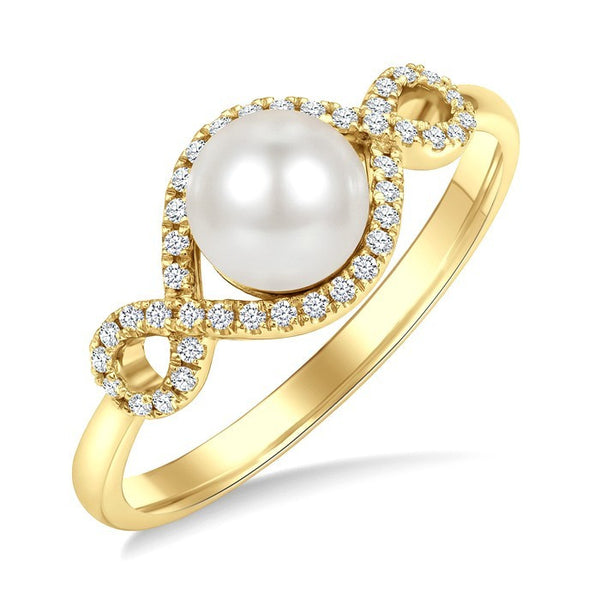 6 MM Cultured Pearl and 1/6 Ctw Round Cut Diamond  Petite Halo Ring in 10K Yellow Gold