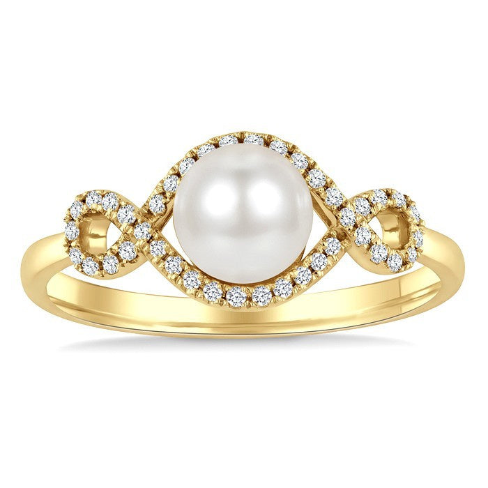 6 MM Cultured Pearl and 1/6 Ctw Round Cut Diamond  Petite Halo Ring in 10K Yellow Gold