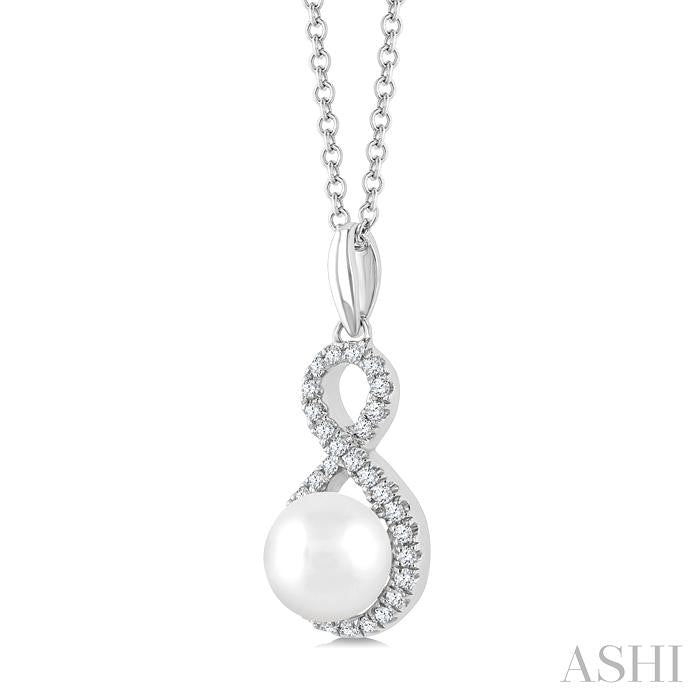 6 MM Cultured Pearl and 1/8 Ctw Round Cut Diamond Petite Fashion Pendant With Chain in 10K White Gold