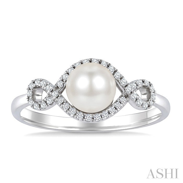 6 MM Cultured Pearl and 1/6 Ctw Round Cut Diamond  Petite Halo Ring in 10K White Gold