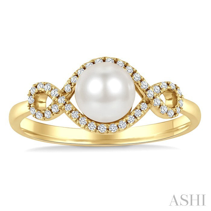 6 MM Cultured Pearl and 1/6 Ctw Round Cut Diamond  Petite Halo Ring in 10K Yellow Gold