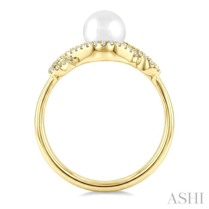 6 MM Cultured Pearl and 1/6 Ctw Round Cut Diamond  Petite Halo Ring in 10K Yellow Gold