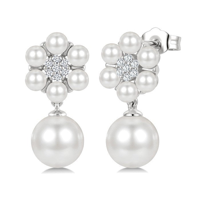 3MM & 7MM White Cultured Pearl and 1/10 Ctw Floral Round Cut Diamond Fashion Earrings in 10K White Gold