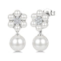 3MM & 7MM White Cultured Pearl and 1/10 Ctw Floral Round Cut Diamond Fashion Earrings in 10K White Gold