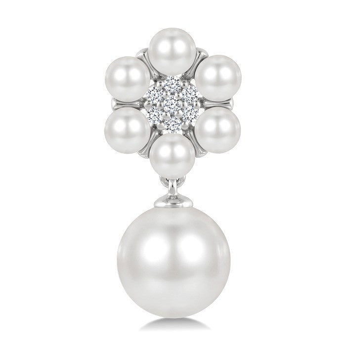 3MM & 7MM White Cultured Pearl and 1/10 Ctw Floral Round Cut Diamond Fashion Earrings in 10K White Gold