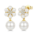 3MM & 7MM White Cultured Pearl and 1/10 Ctw Floral Round Cut Diamond Fashion Earrings in 10K Yellow Gold