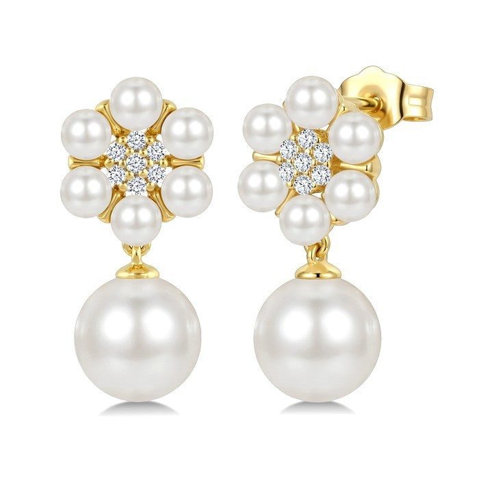 3MM & 7MM White Cultured Pearl and 1/10 Ctw Floral Round Cut Diamond Fashion Earrings in 10K Yellow Gold