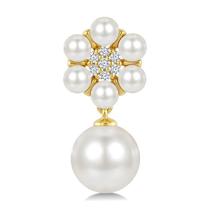 3MM & 7MM White Cultured Pearl and 1/10 Ctw Floral Round Cut Diamond Fashion Earrings in 10K Yellow Gold