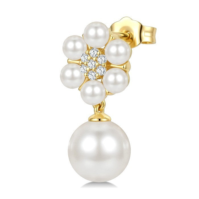 3MM & 7MM White Cultured Pearl and 1/10 Ctw Floral Round Cut Diamond Fashion Earrings in 10K Yellow Gold