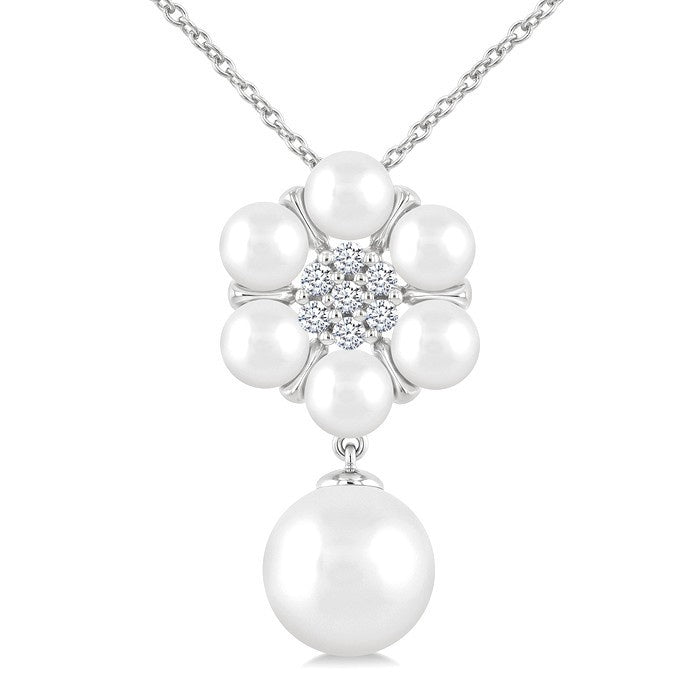4 MM & 8 MM Cultured Pearl and 1/10 Ctw Floral Round Cut Diamond Fashion Pendant With Chain in 10K White Gold