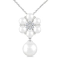 4 MM & 8 MM Cultured Pearl and 1/10 Ctw Floral Round Cut Diamond Fashion Pendant With Chain in 10K White Gold