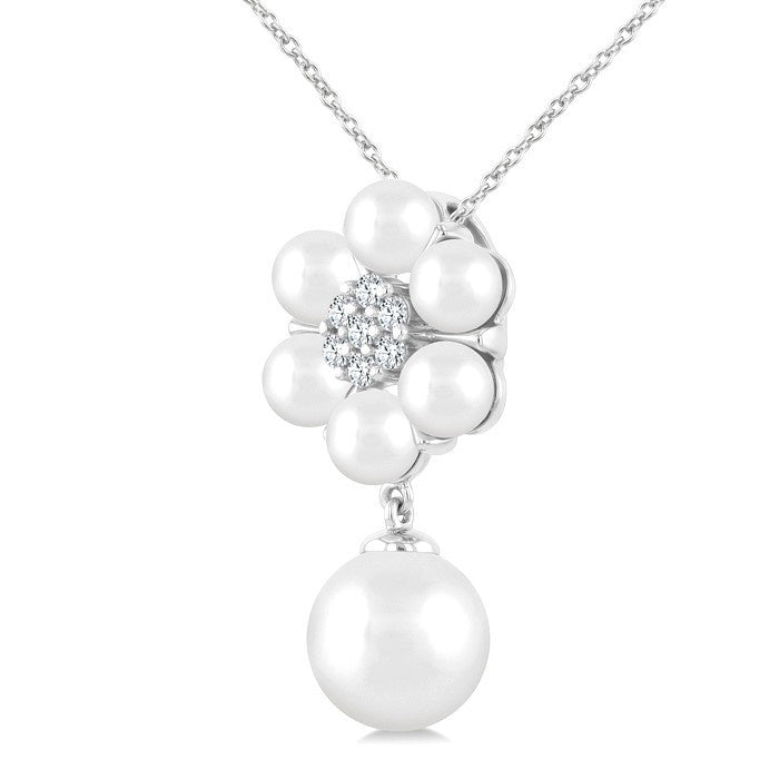 4 MM & 8 MM Cultured Pearl and 1/10 Ctw Floral Round Cut Diamond Fashion Pendant With Chain in 10K White Gold