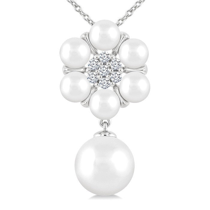 4 MM & 8 MM Cultured Pearl and 1/10 Ctw Floral Round Cut Diamond Fashion Pendant With Chain in 10K White Gold