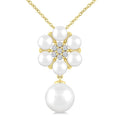 4 MM & 8 MM Cultured Pearl and 1/10 Ctw Floral Round Cut Diamond Fashion Pendant With Chain in 10K Yellow Gold