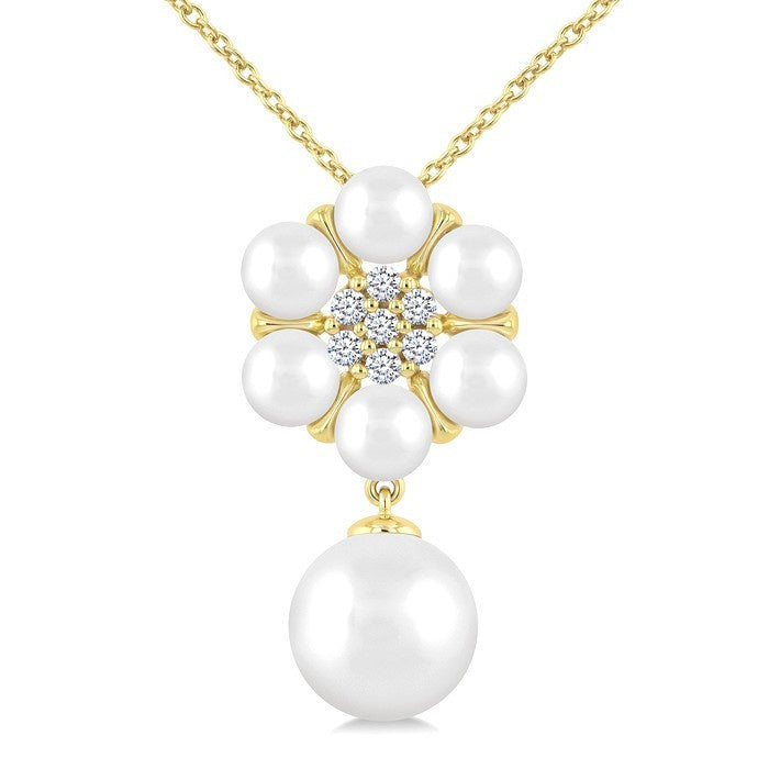 4 MM & 8 MM Cultured Pearl and 1/10 Ctw Floral Round Cut Diamond Fashion Pendant With Chain in 10K Yellow Gold